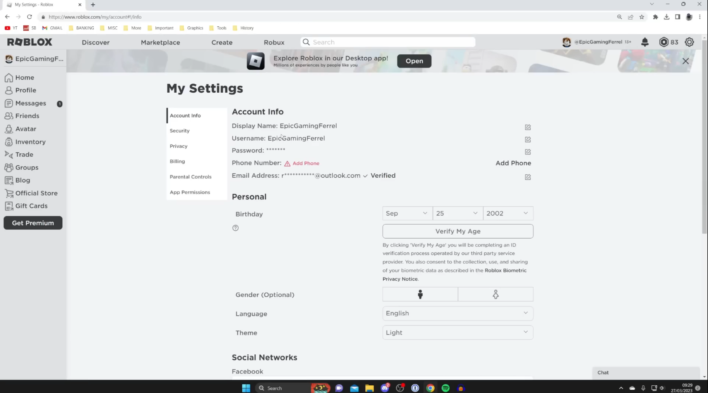 Roblox Account Info tab in settings