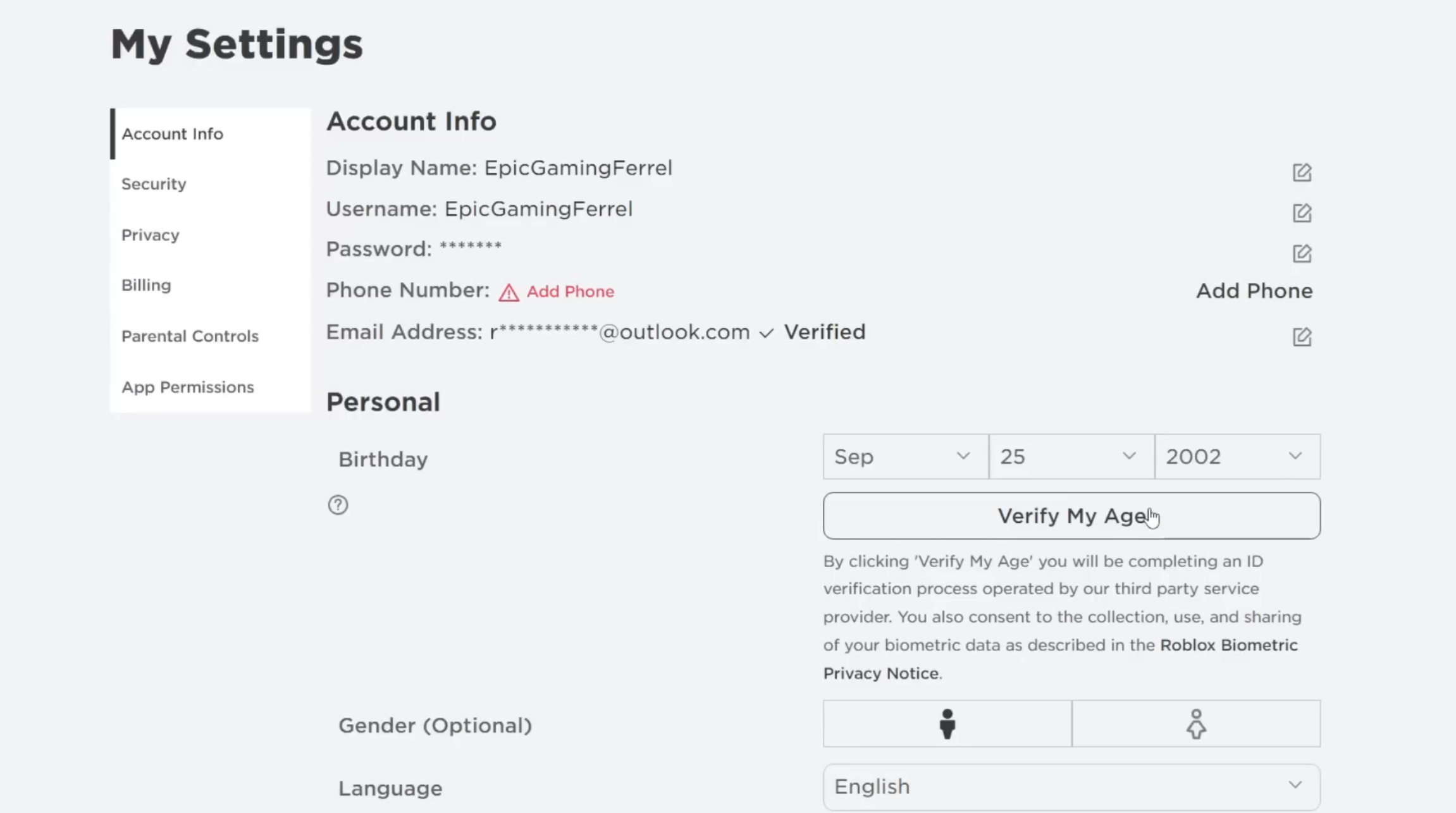 Roblox Verify Age button in Account Info