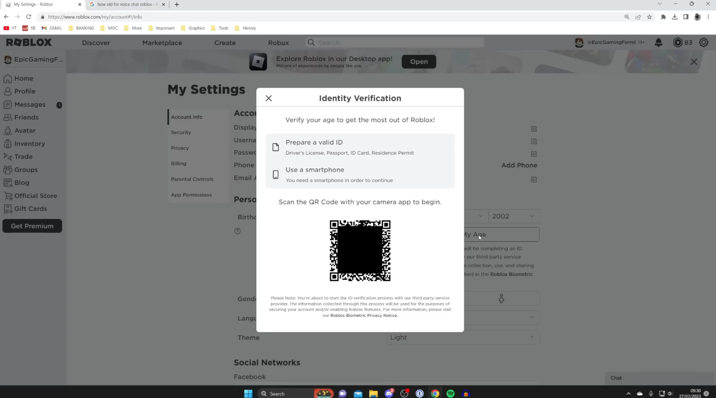 Roblox age verification QR code screen