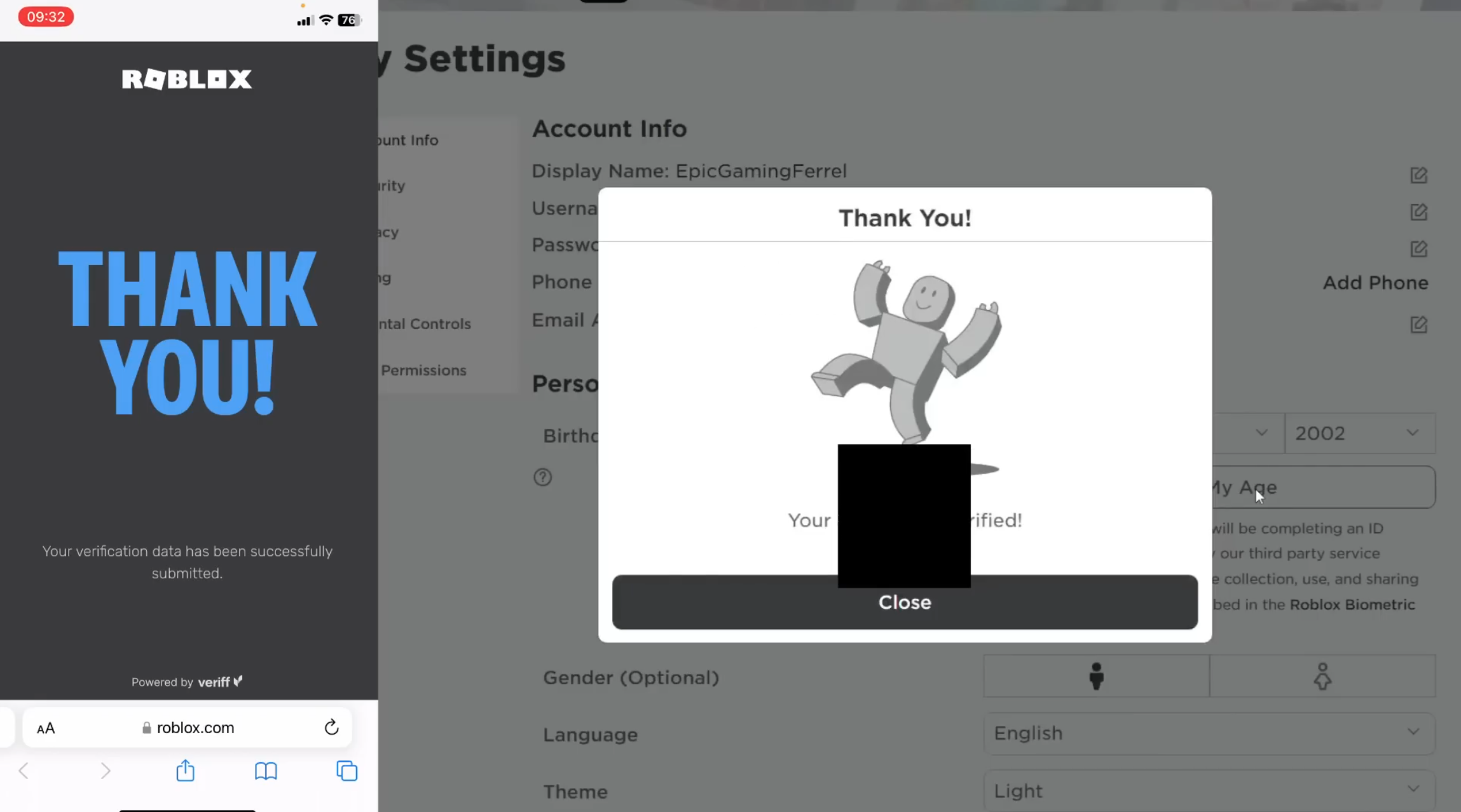 Roblox age verified confirmation screen