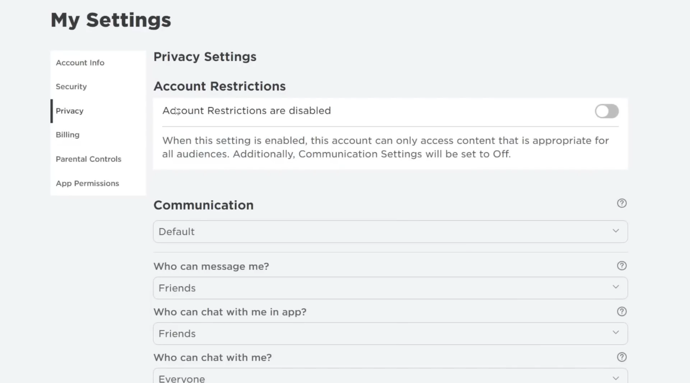 Roblox Privacy settings tab