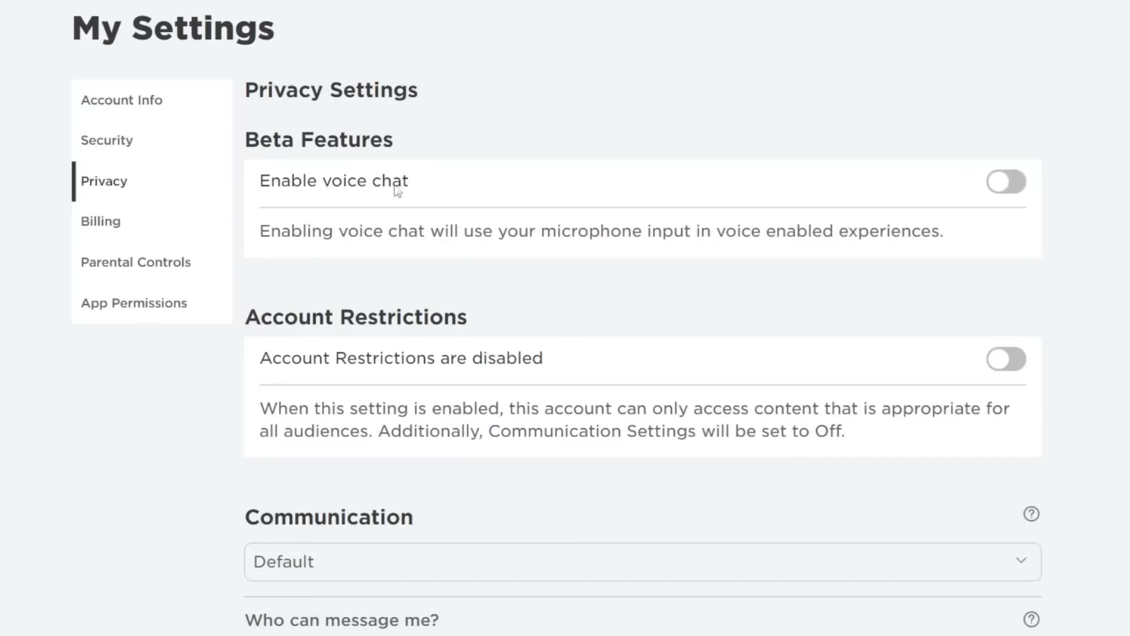 Roblox Enable Voice Chat toggle in Privacy settings